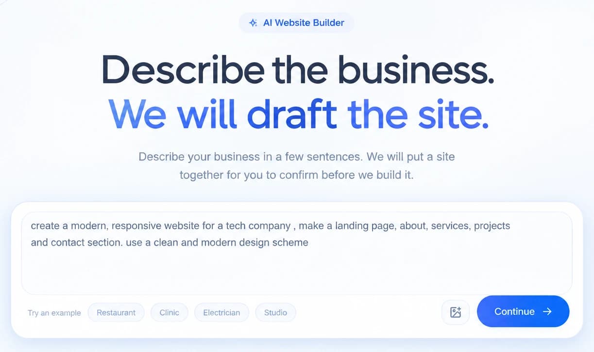 The AI Website Builder start screen with a short description of a tech company typed into the box and a Continue button