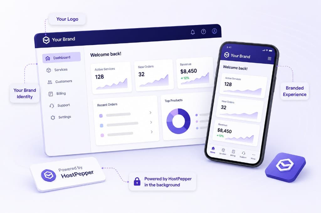 White-label reseller control panel with your brand on desktop and mobile, powered by HostPepper